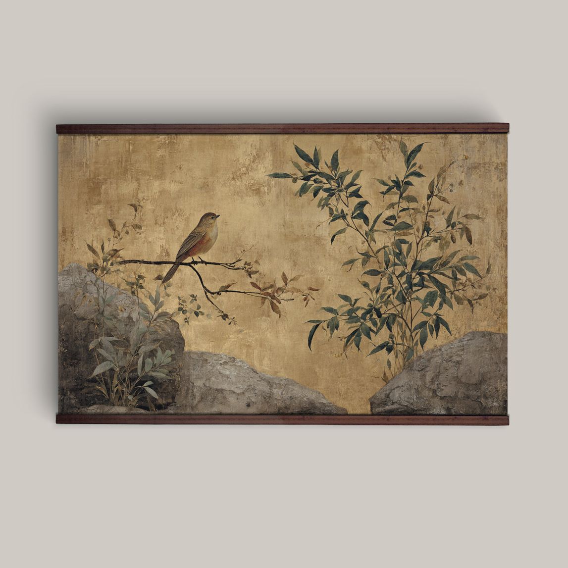 Art Territory Vintage Botanical Bird Wall Art &amp;ndash; Framed Nature Canvas With Branch &amp;amp; Stone, Antique Style Neutral Landscape Artwork | Wayfair