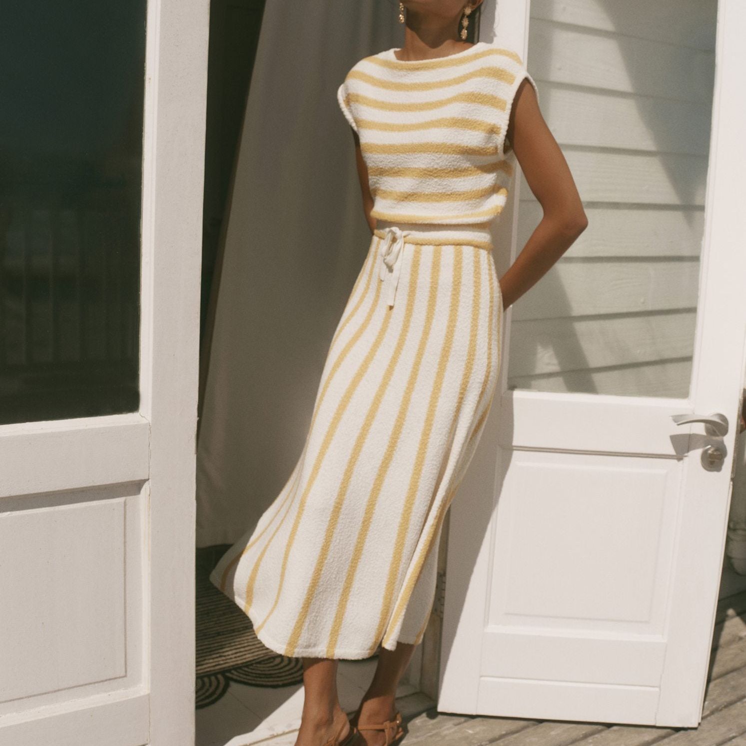 Yellow Cotton Blend Striped Midi Dress
