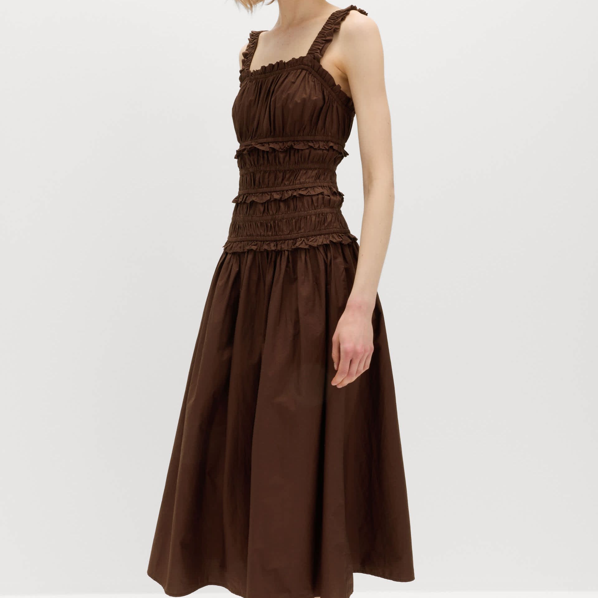 Pure Cotton Shirred Midi Waisted Dress