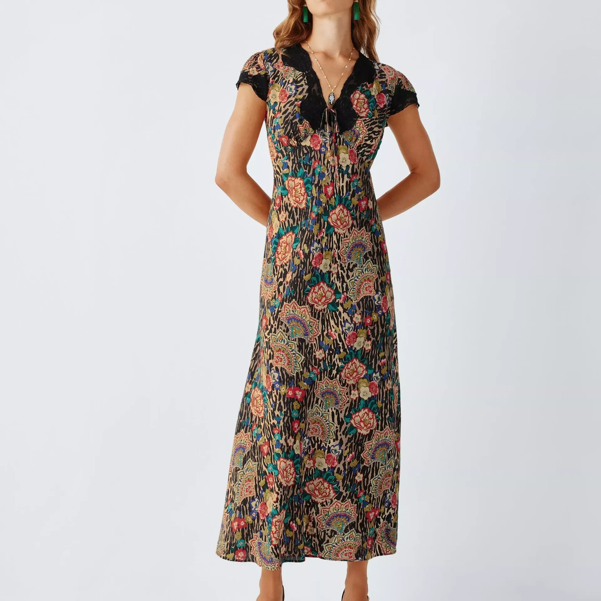 John Lewis X Rixo Amari Floral Leopard Print Midi Dress, Natural/multi
