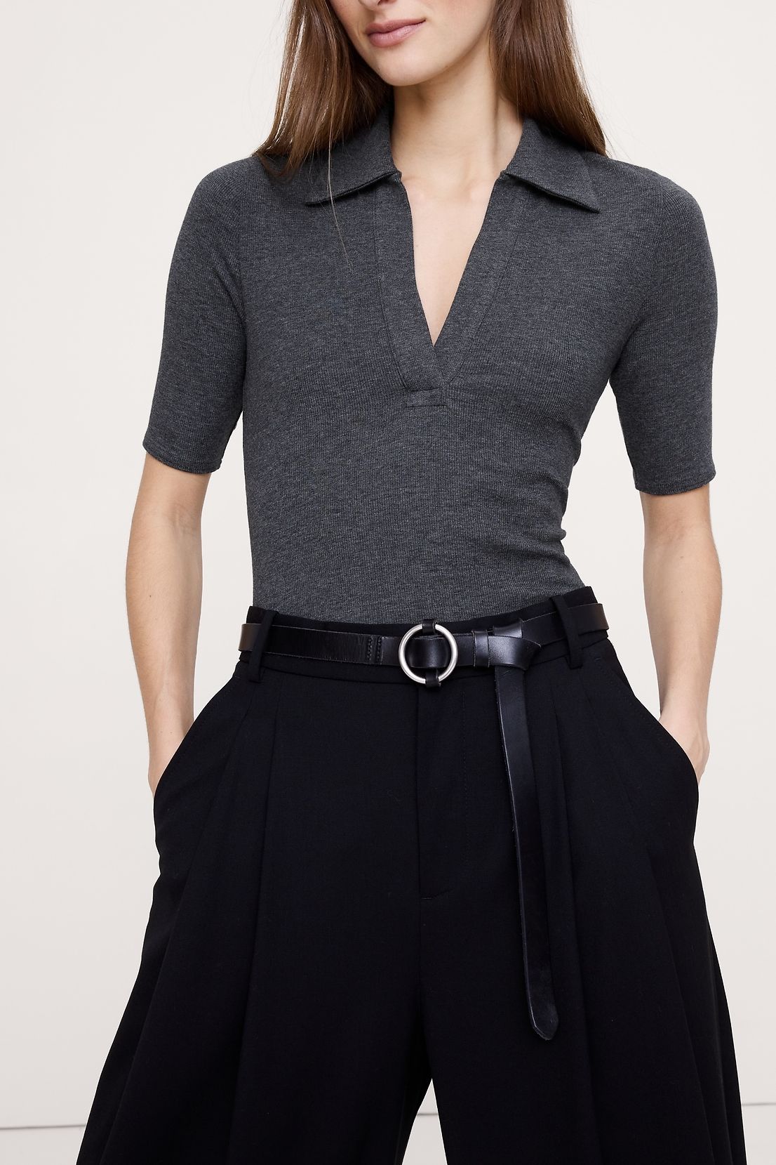 Ribbed Elbow-Sleeve Polo