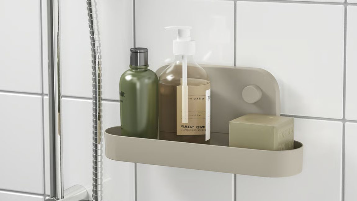 &amp;Ouml;BON&amp;Auml;S Wall shelf with suction cup, gray-beige, 11 ", in bathroom on wall next to shower