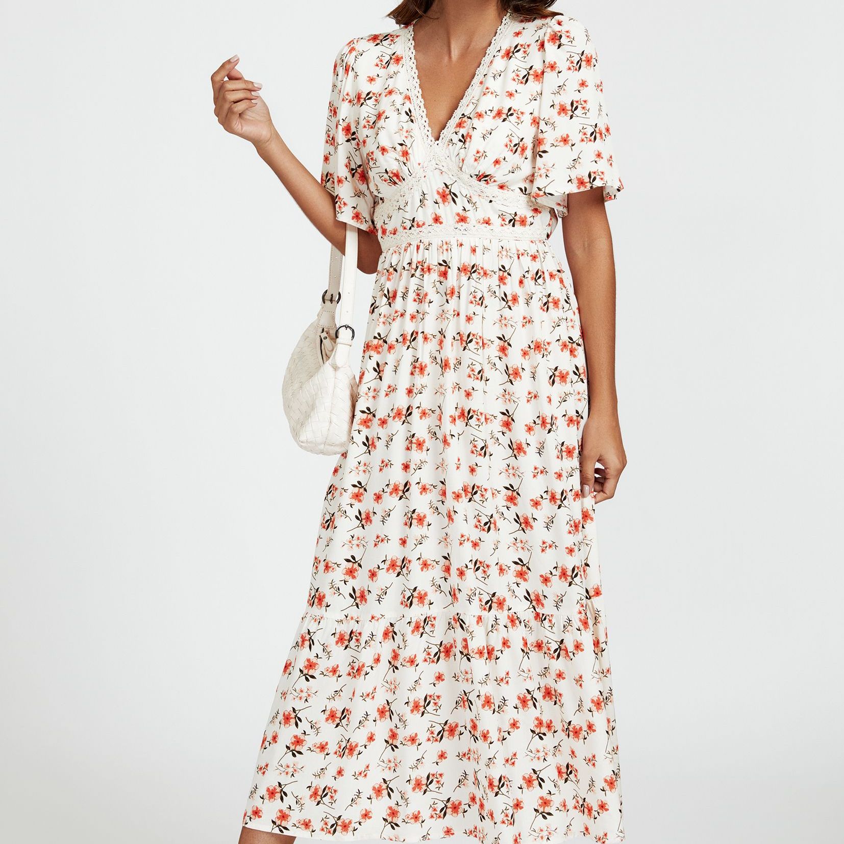 Red Floral Print Lace Detail Angel Sleeve Midi Dress in Cream