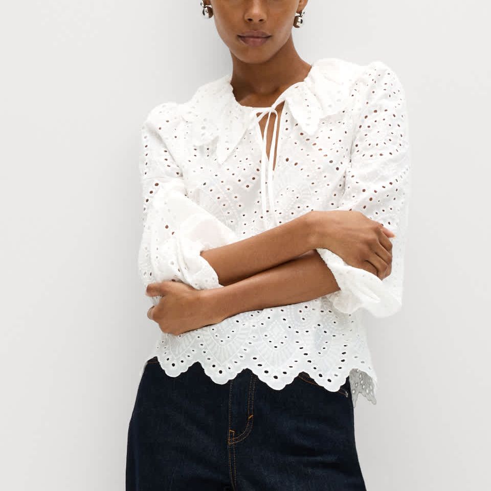 Pure Cotton Broderie Tie Front Blouse