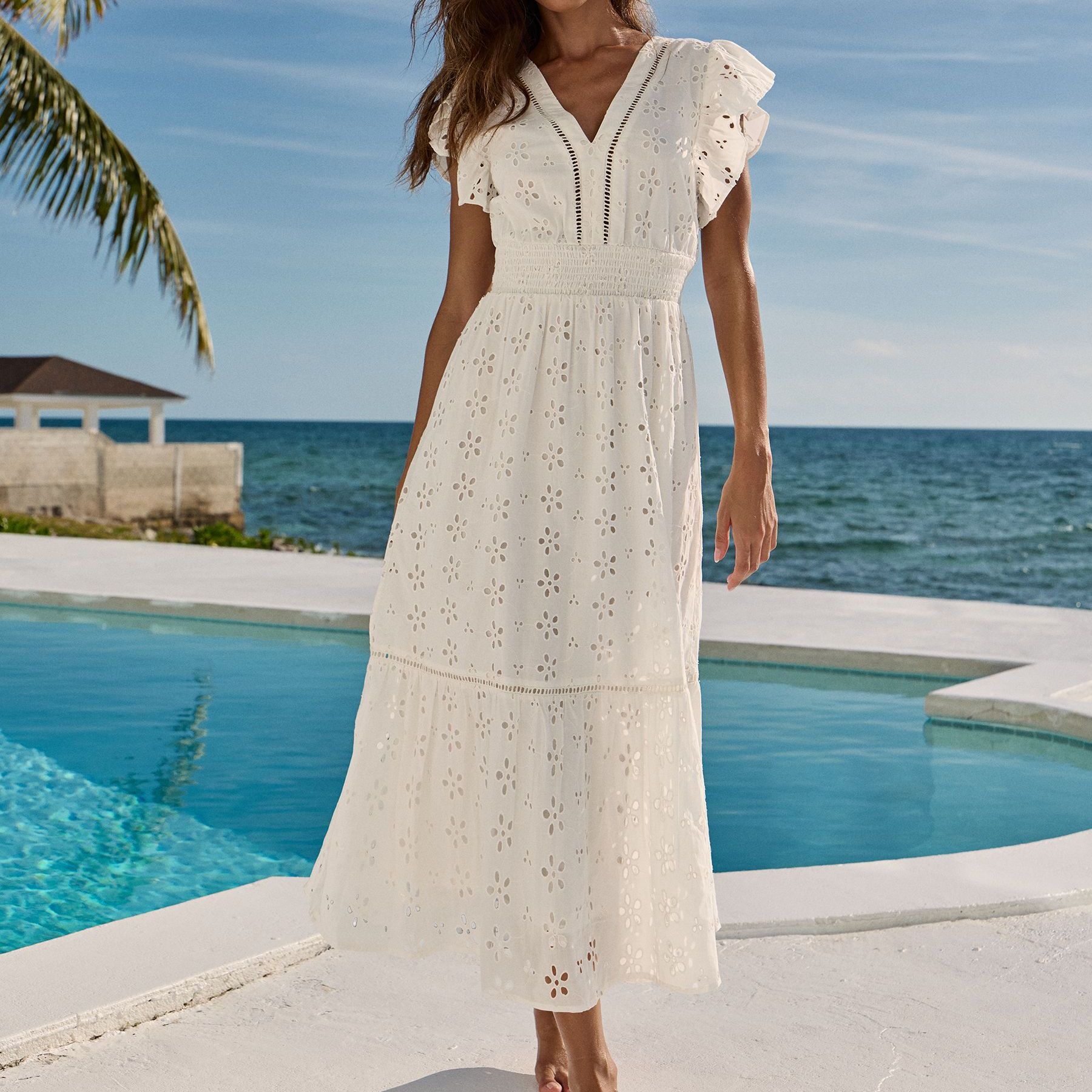 Lipsy White Broderie Flutter Sleeve Midi Dress