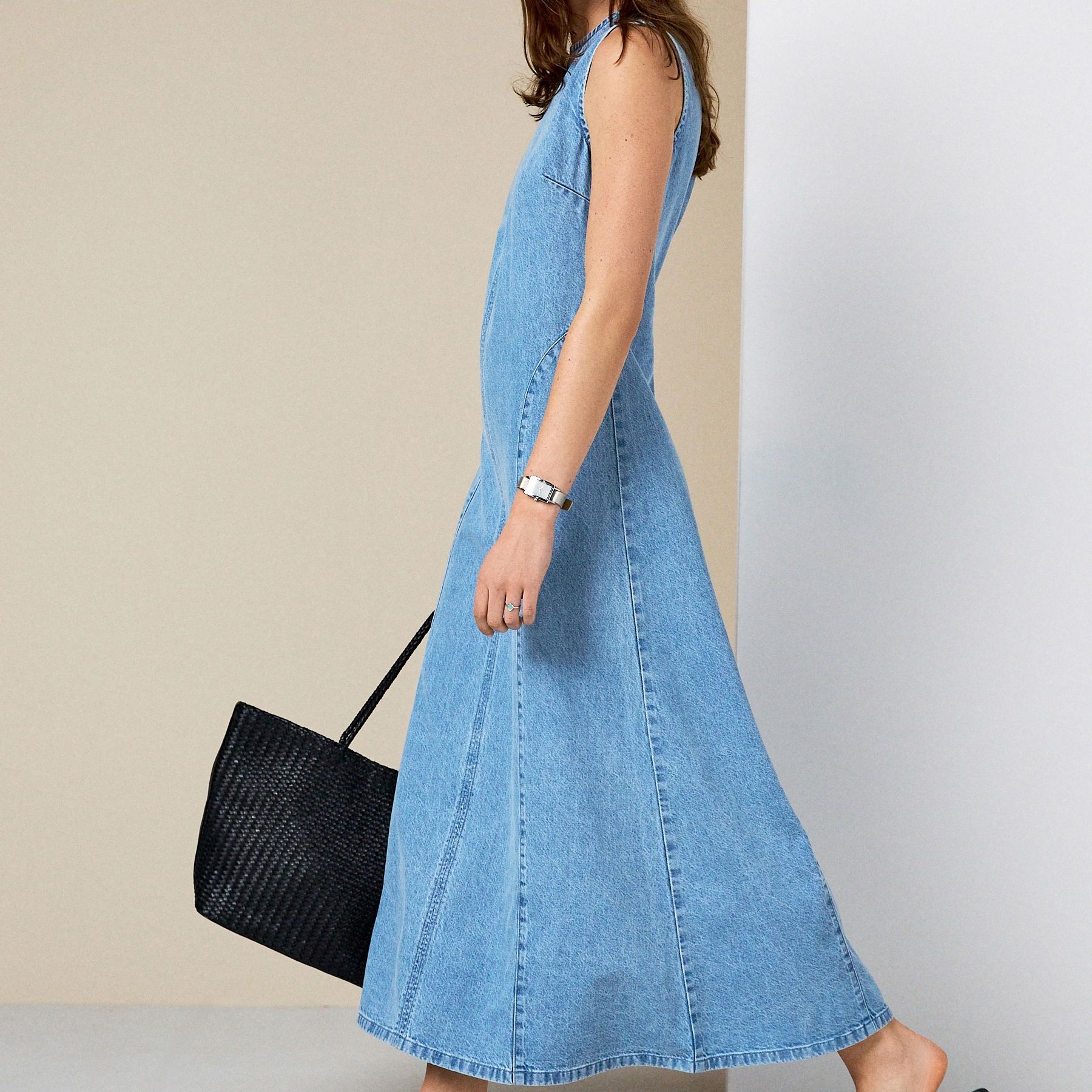 Light Blue Seamed Sleeveless Denim Maxi Dress - Size 6