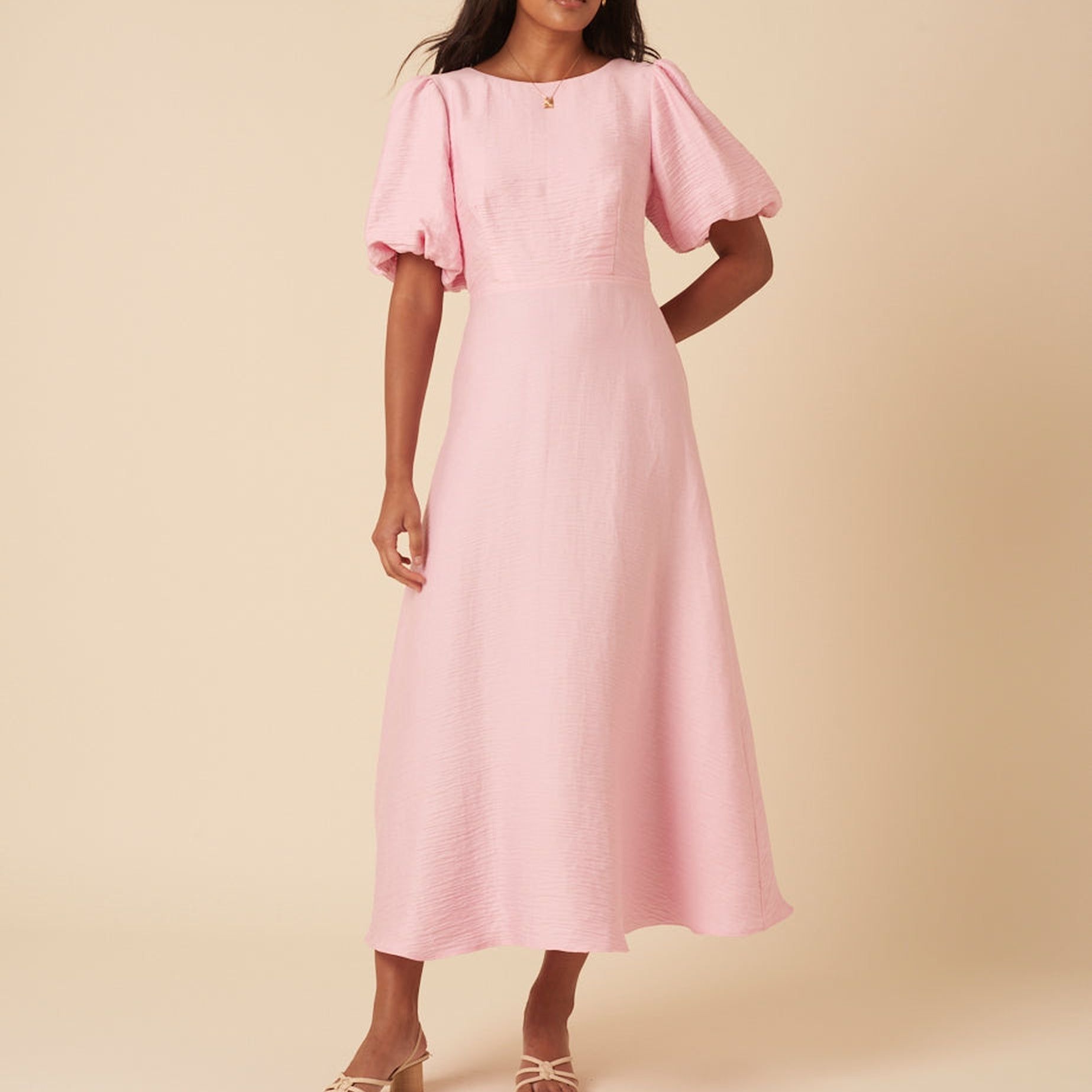 Baby Pink Puff Sleeve Zola Midi Dress