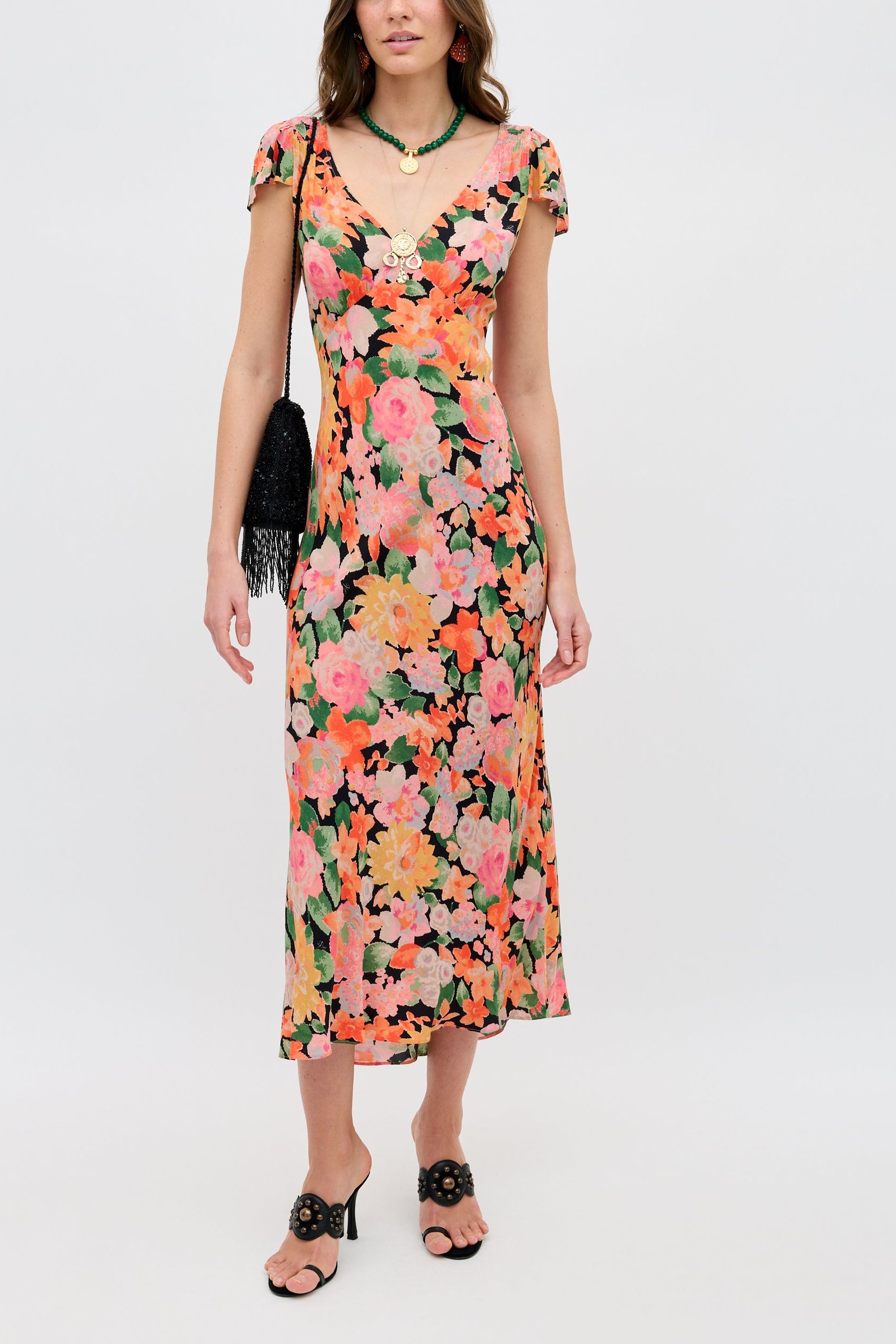 Cathy Midi Dress in Orange Chelsea Floral Black