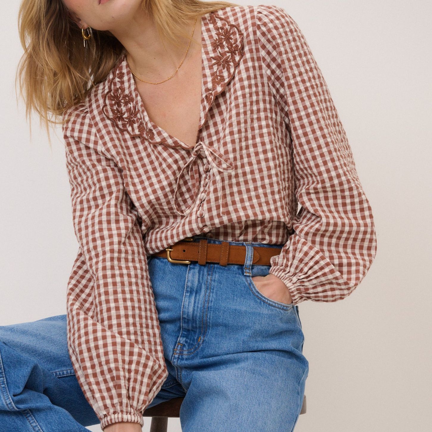 Brown Gingham Embroidered Floral Collar Blouse