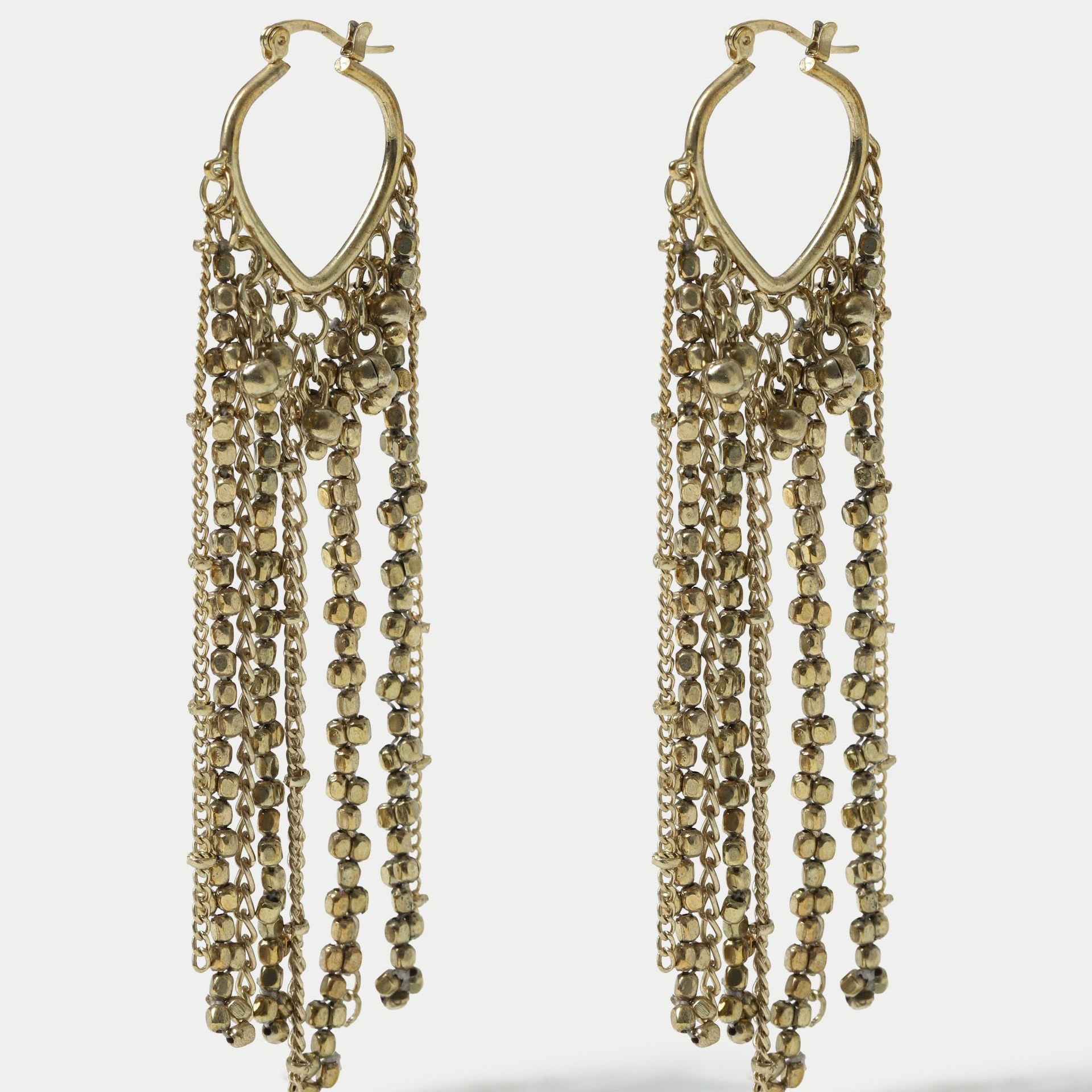 Beaded Fringe Drop Hoop Earrings