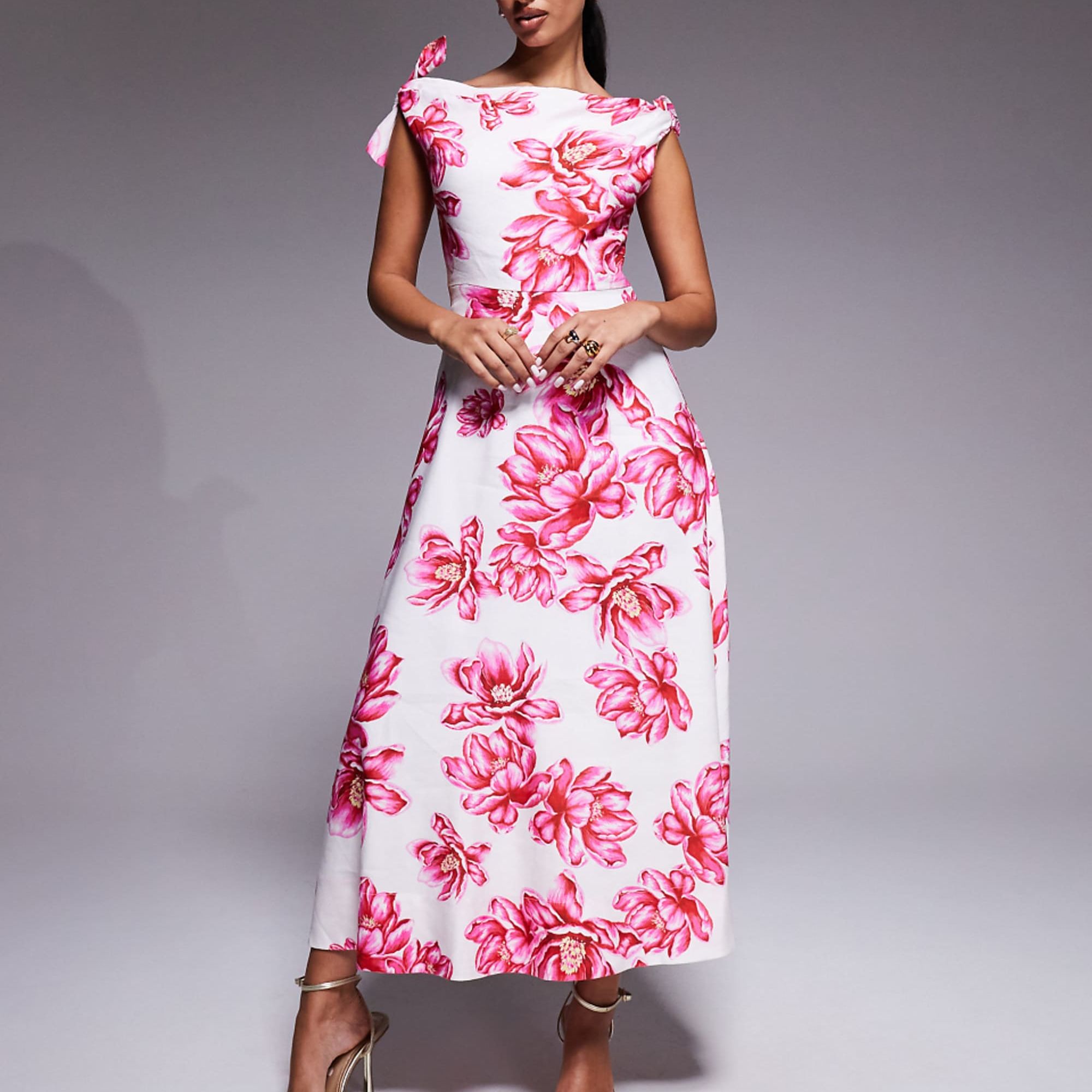 Forever New Slash Neck Bow Shoulder Midaxi Dress in Pink Floral