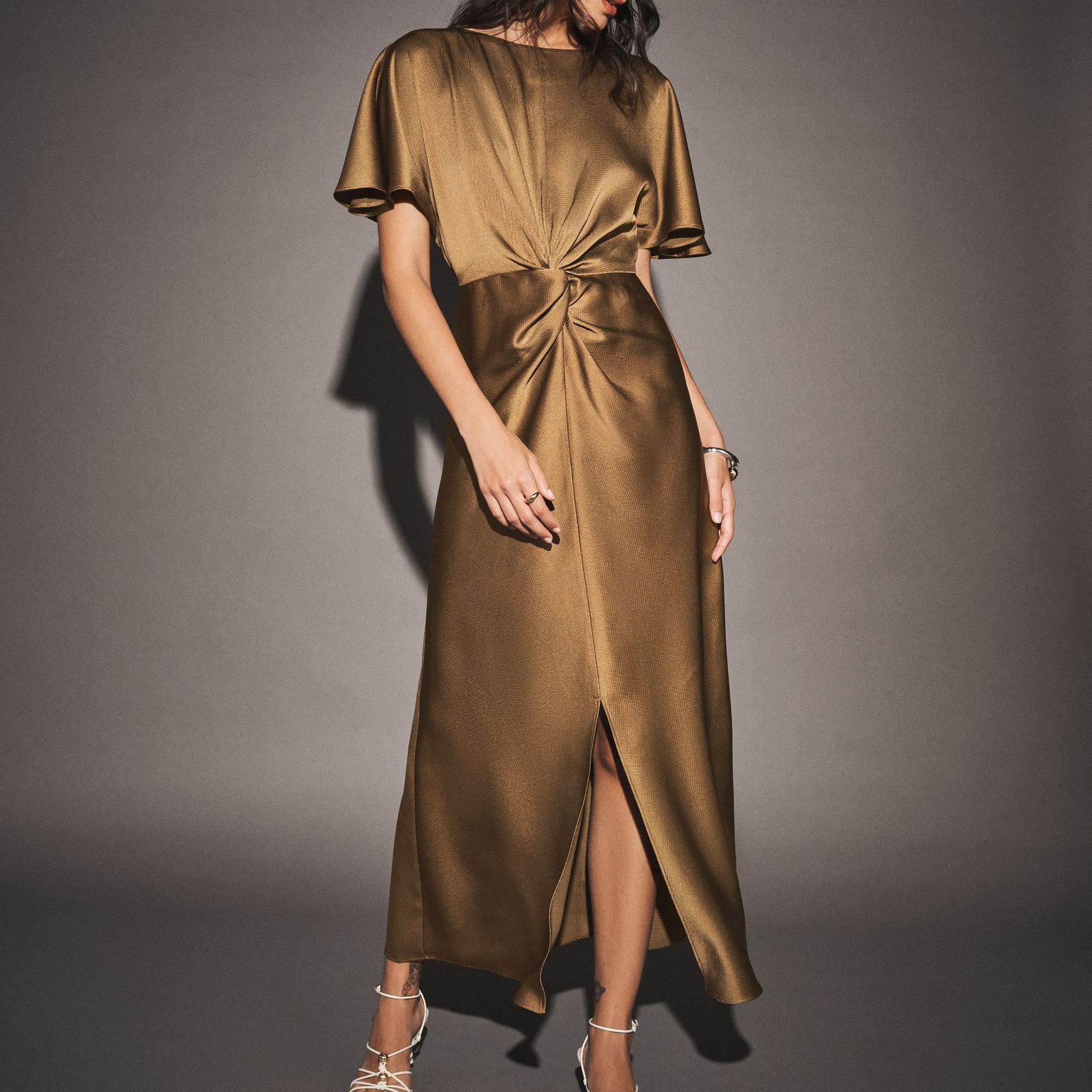 Bronze Satin Short Sleeve Twist Front Midi Dress - Size 6