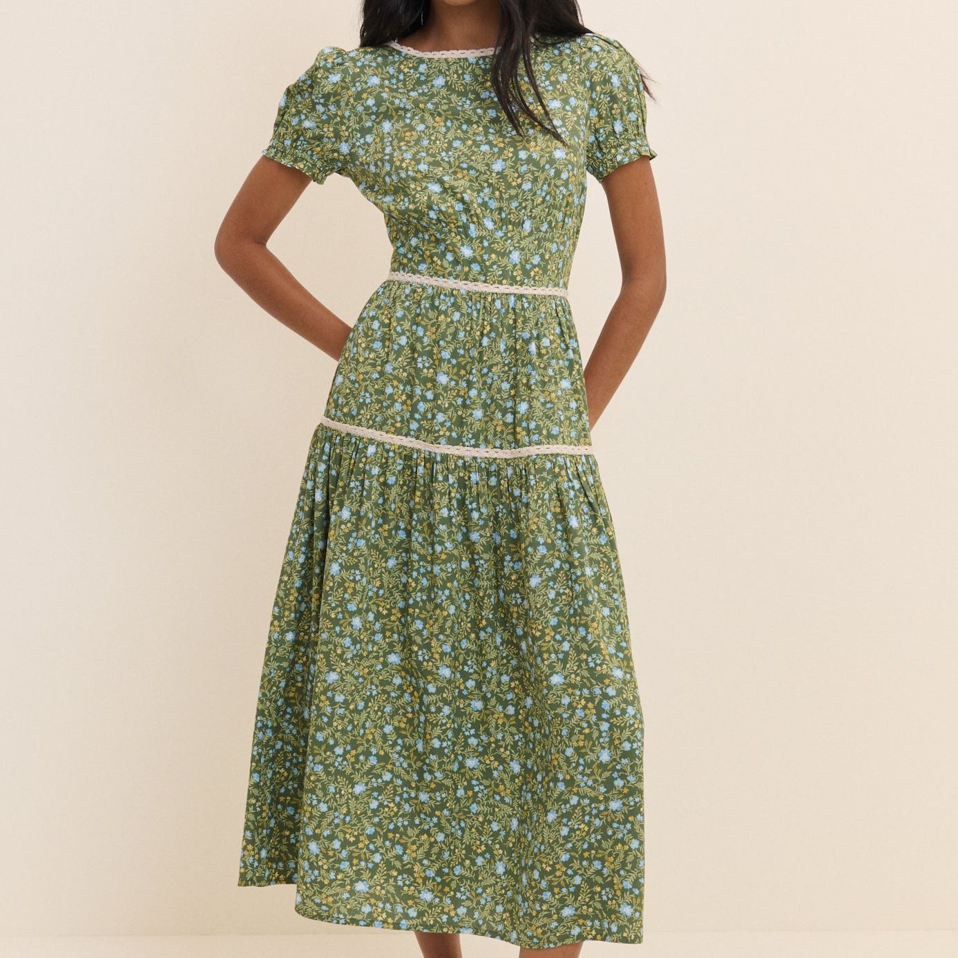 Green Ditsy Floral Tiered Dara Midi Dress