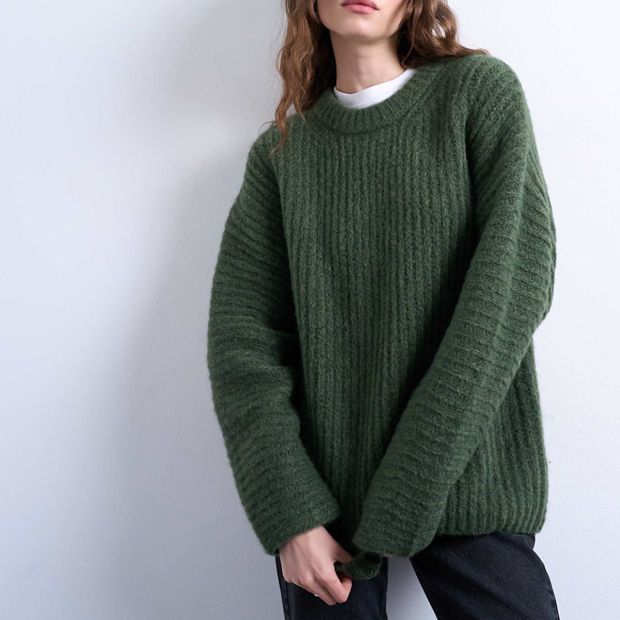 Topshop Knitted Oversized Ribbed Balloon Sleeve Jumper in Green