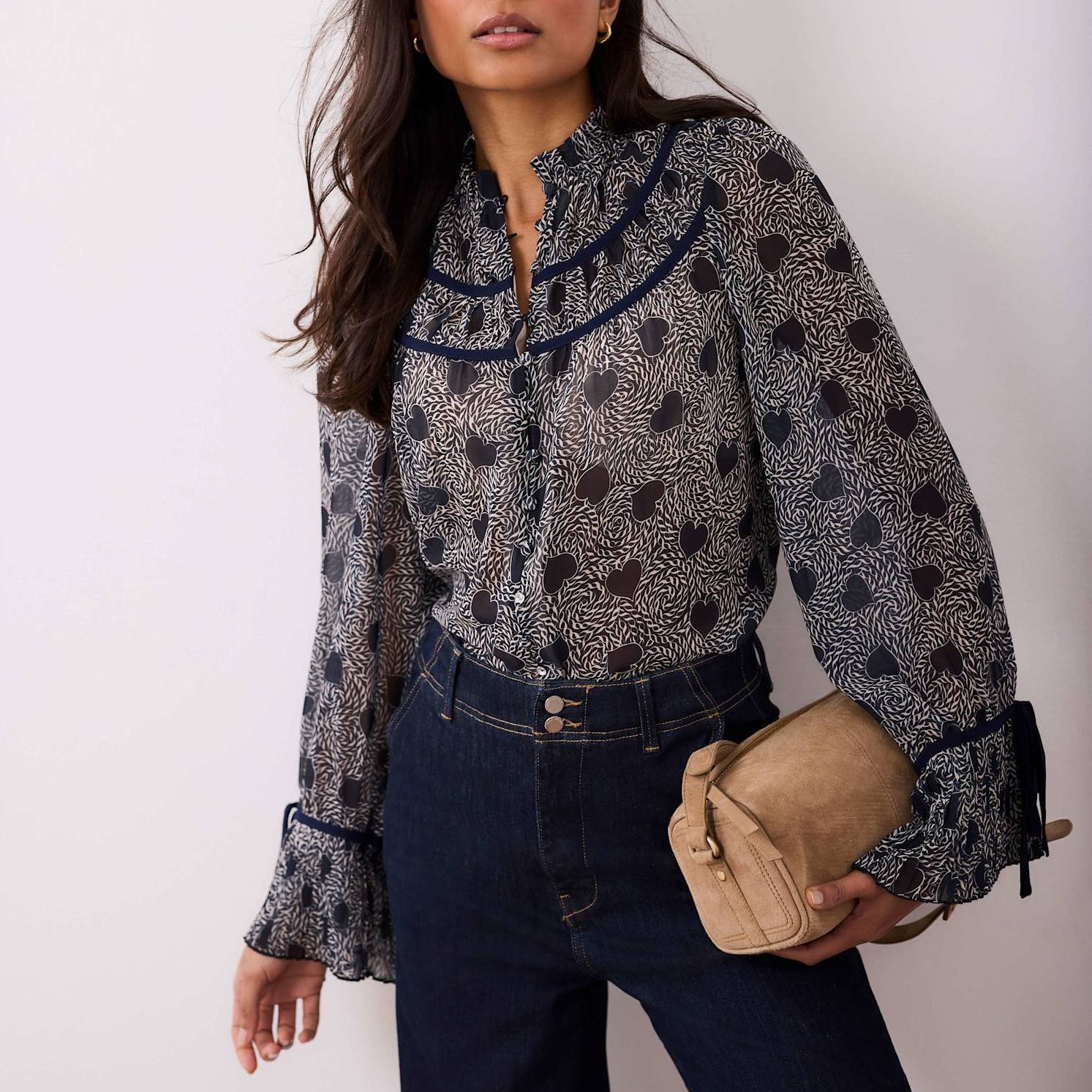 Navy Heart Print Chiffon Blouse