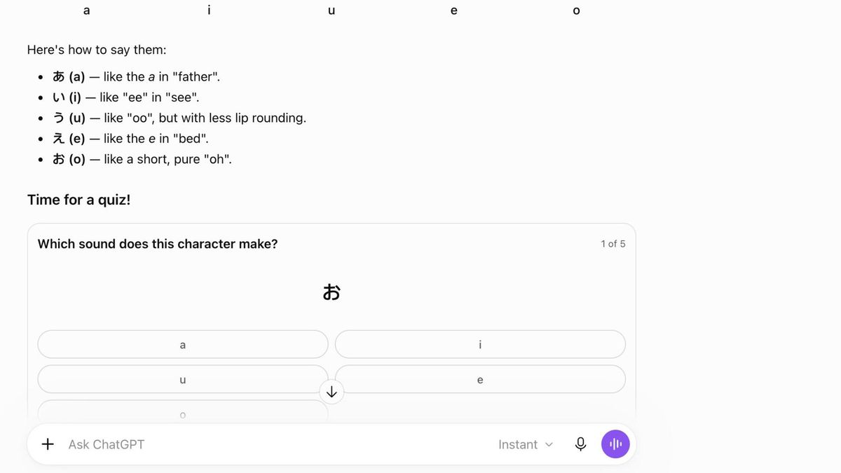 ChatGPT creating a hiragana quiz.