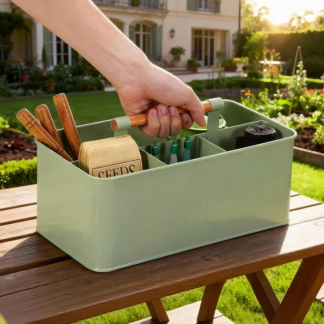 Candco Garden Tool Organizer With Wooden Handle, Metal Garden Caddy With 4 Compartments, Gardening Tool Basket Cleaning Organizer Caddy for Indoor &amp;amp; Outdoor
