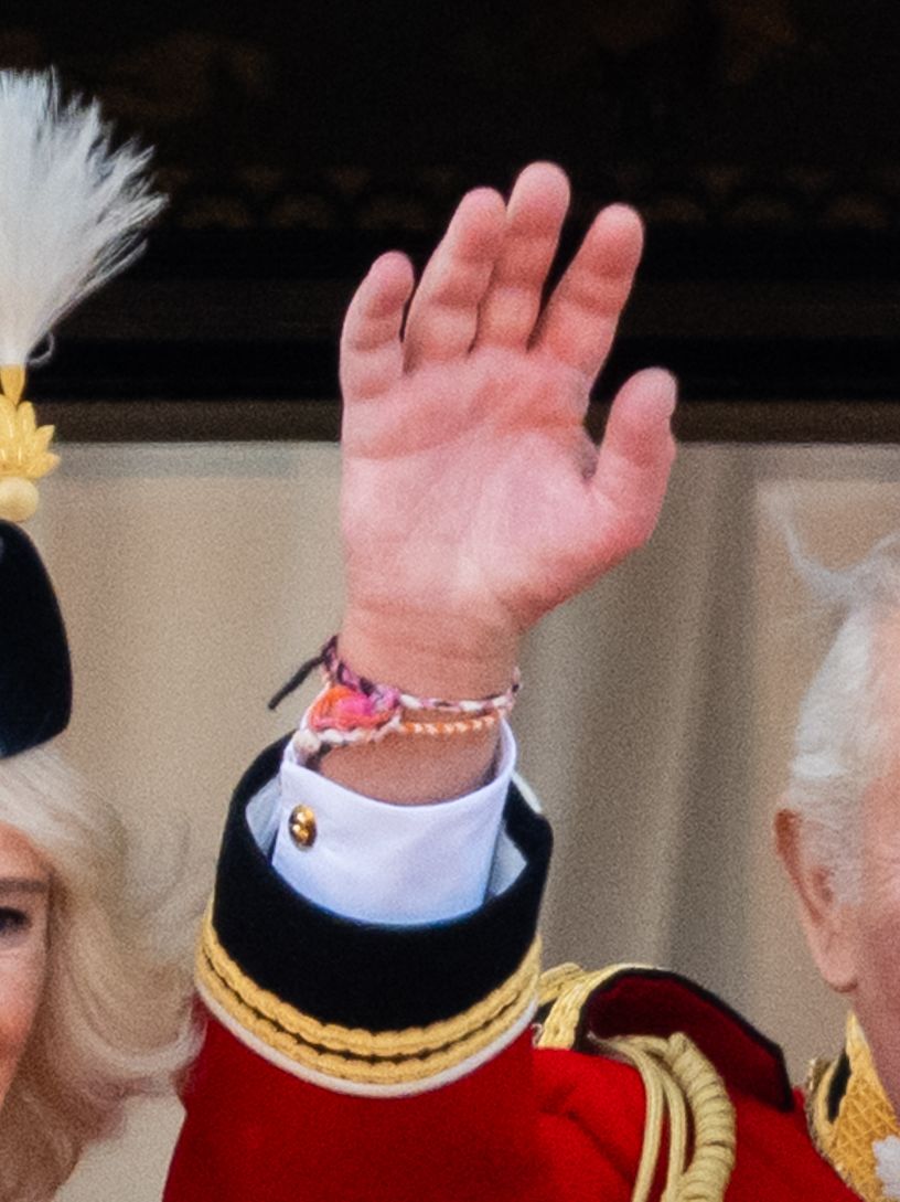 LONDON, ENGLAND - JUNE 13: (L-R) Queen Camilla and King Charles III watch an RAF flypast from the balcony of Buckingham Palace during Trooping The Colour on June 13, 2026 in London, England. (Photo by Samir Hussein/WireImage)