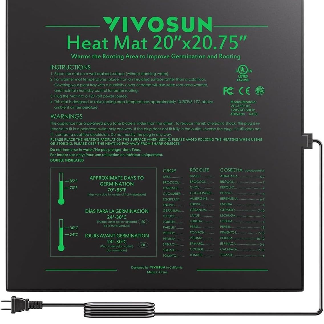 Vivosun Durable Waterproof Seedling Heat Mat 10&quot; X 20.75&quot; Ul &amp;amp; Met-Certified Warm Hydroponic Heating Pad for Germination, Indoor Gardening, Greenhouse
