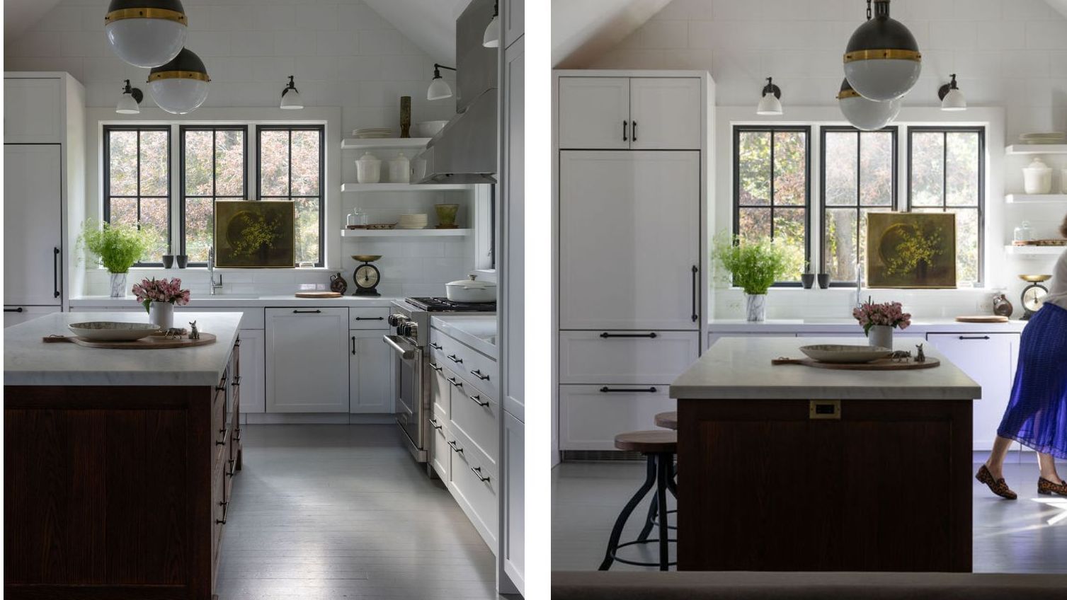 Two pictures next to each other. On the left, a kitchen island is off center showing the white cabinetry beyond. On the right, a woman is just seen fixing something on the countertop