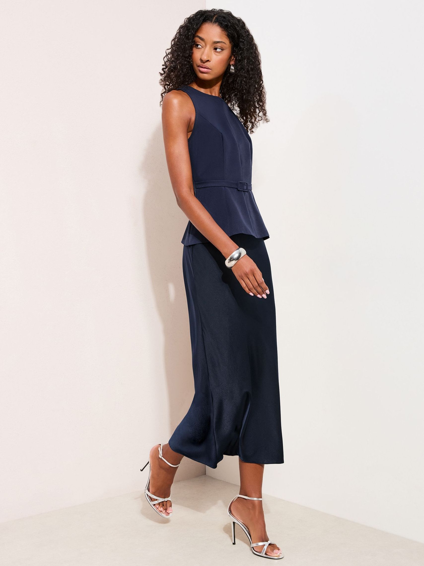 Friends Like These Navy 2-In-1 Belted Peplum Satin Midi Dress
