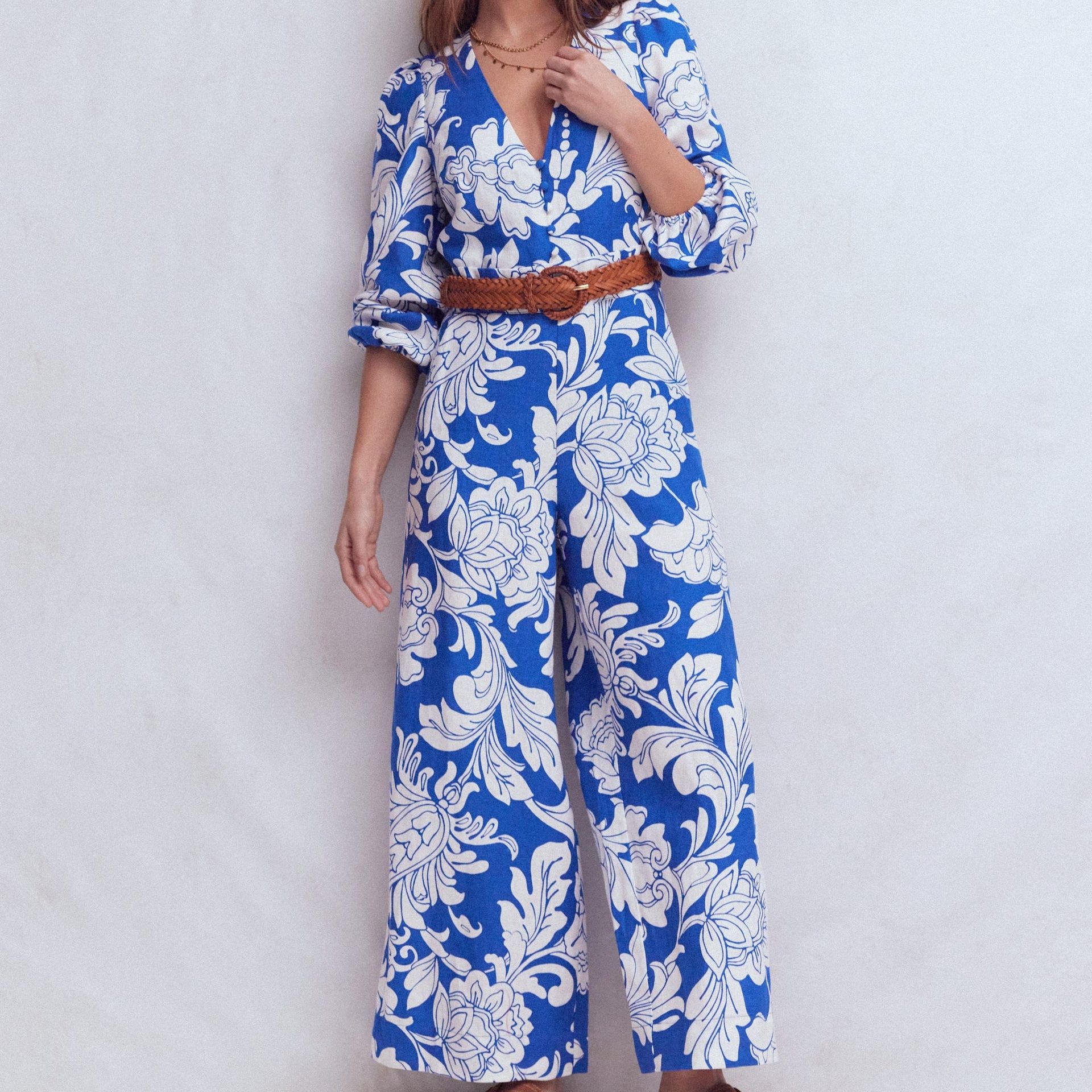 Lola Linen Jumpsuit-Blue Botanical Flourish Mono