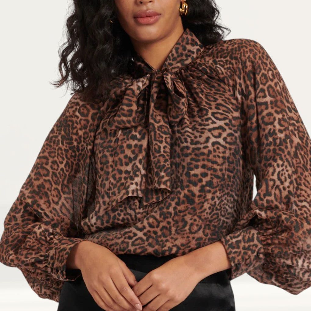 Nobody's Child Leopard Print Tie Neck Blouse