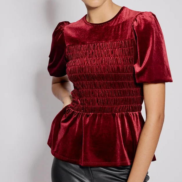 Nobody's Child, Red Velvet Puff Sleeve Peplum Top