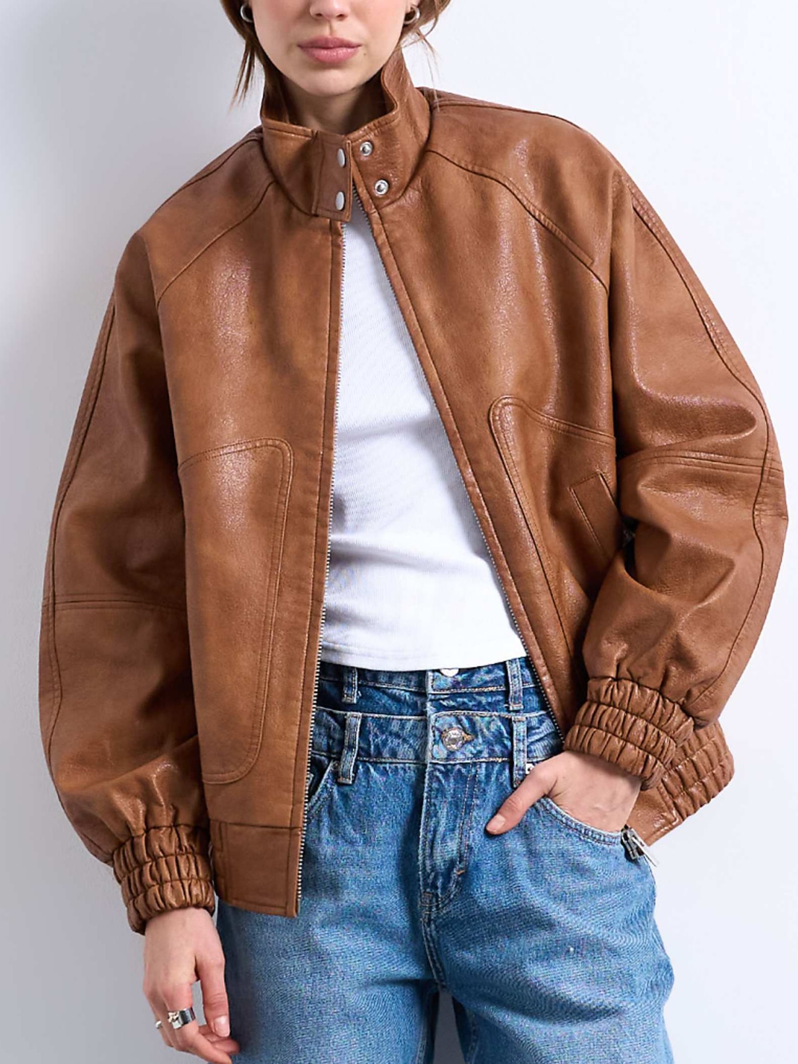 Topshop Leather Look Funnel Neck Jacket in Washed Brown