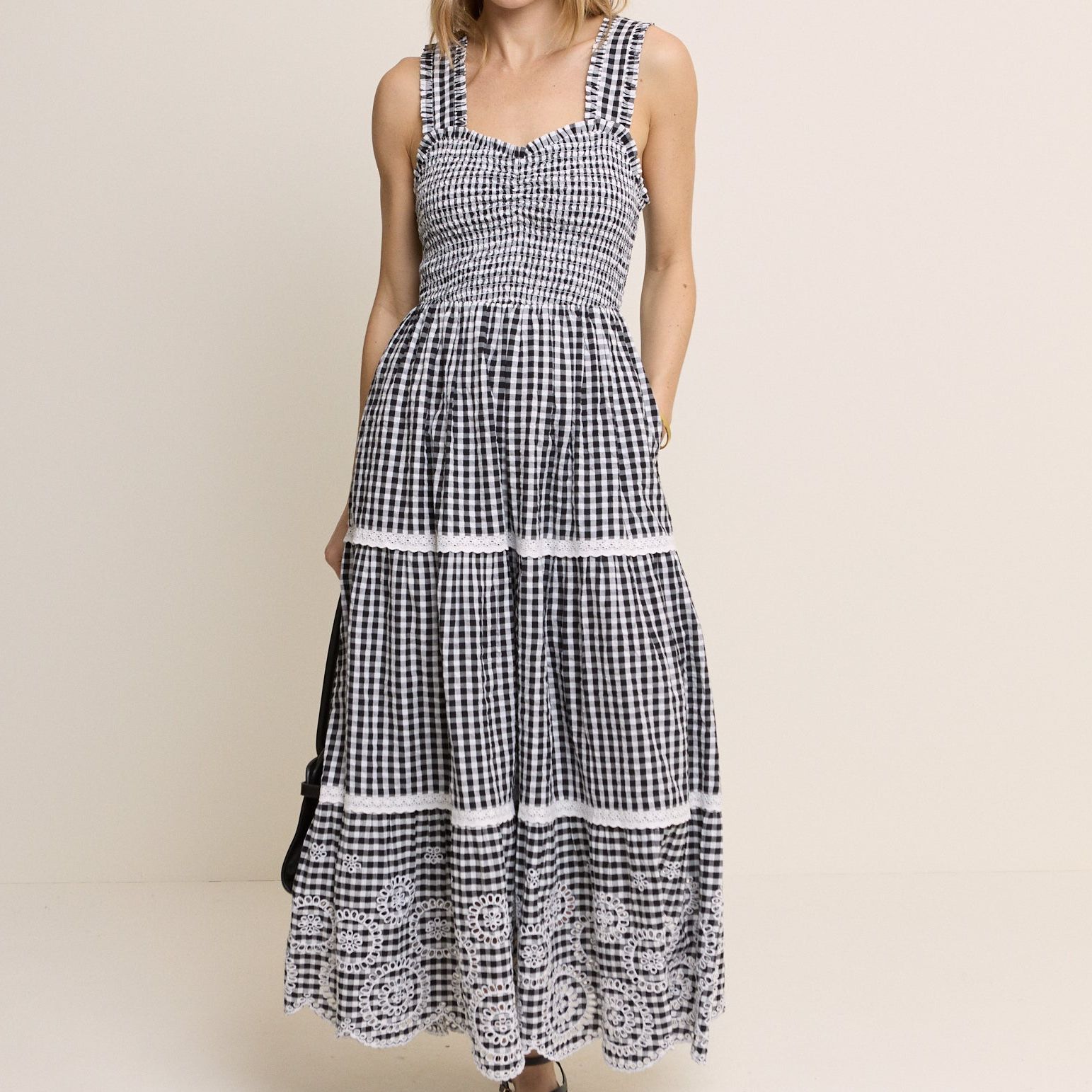 Black Gingham Shirred Tiered Darla Maxi Dress