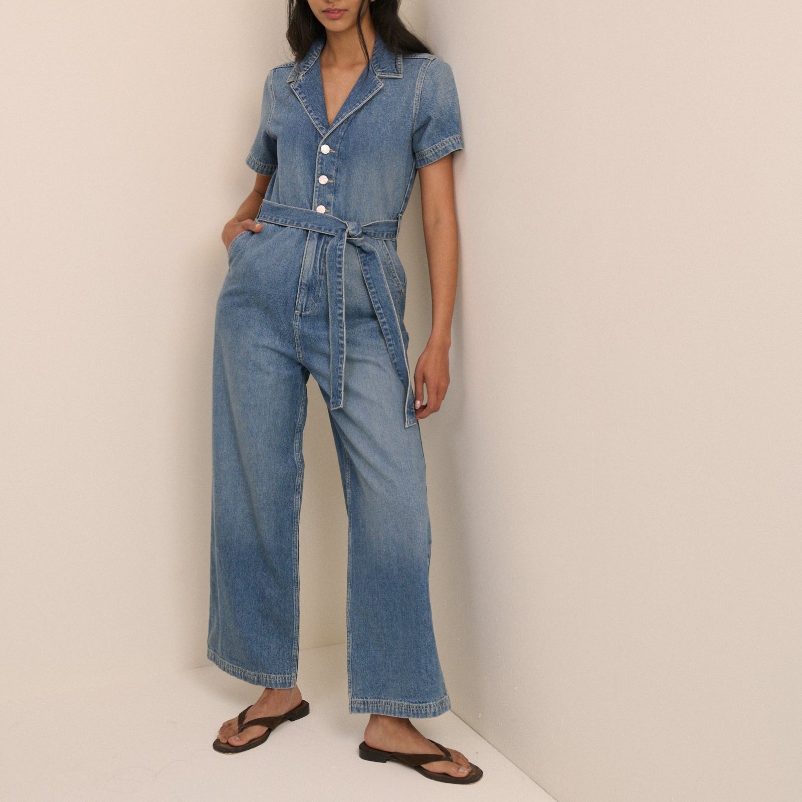 Mid Wash Denim Tie Waist Mylos Jumpsuit