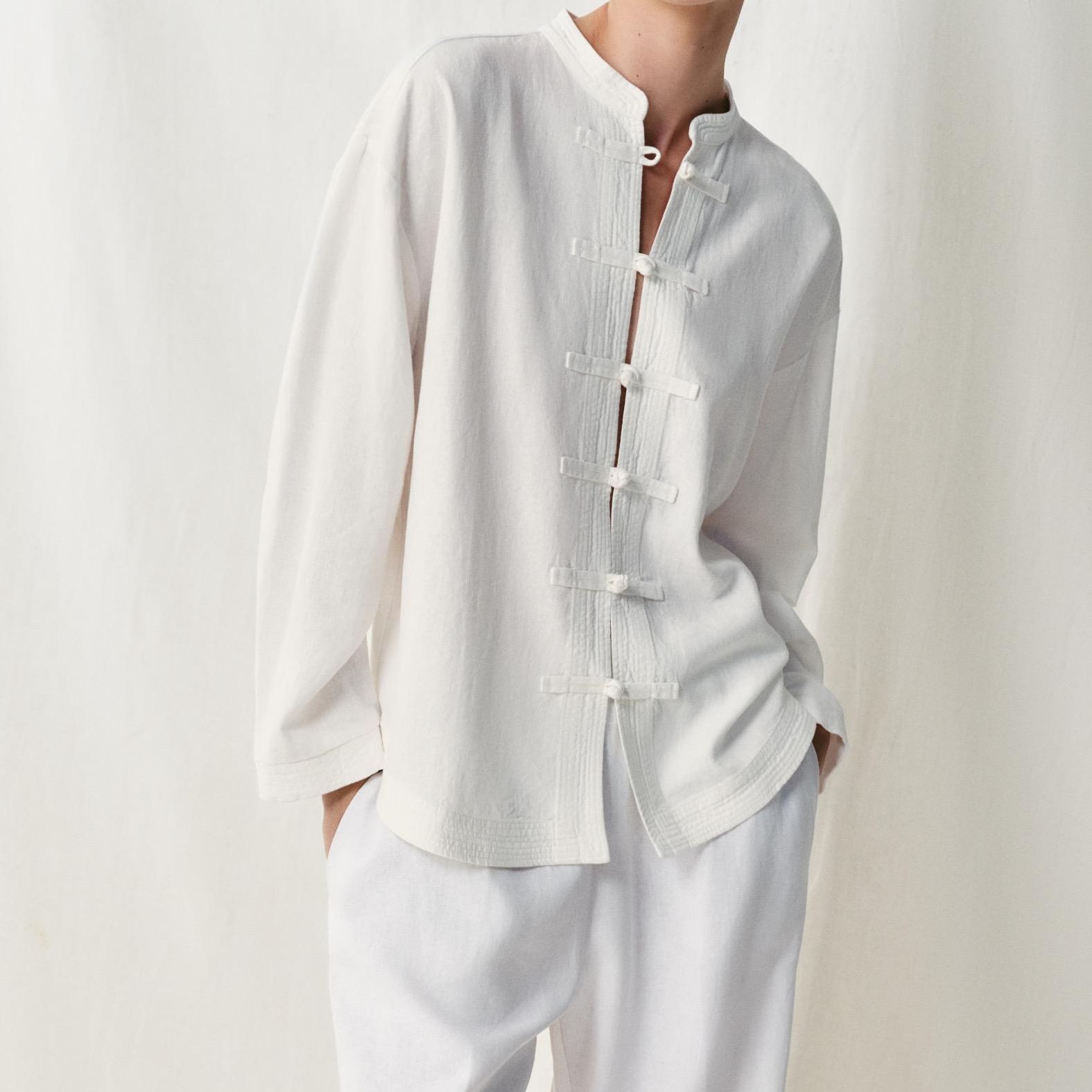 Linen Blend Oversize Shirt With Frog Fastening - White - Xs