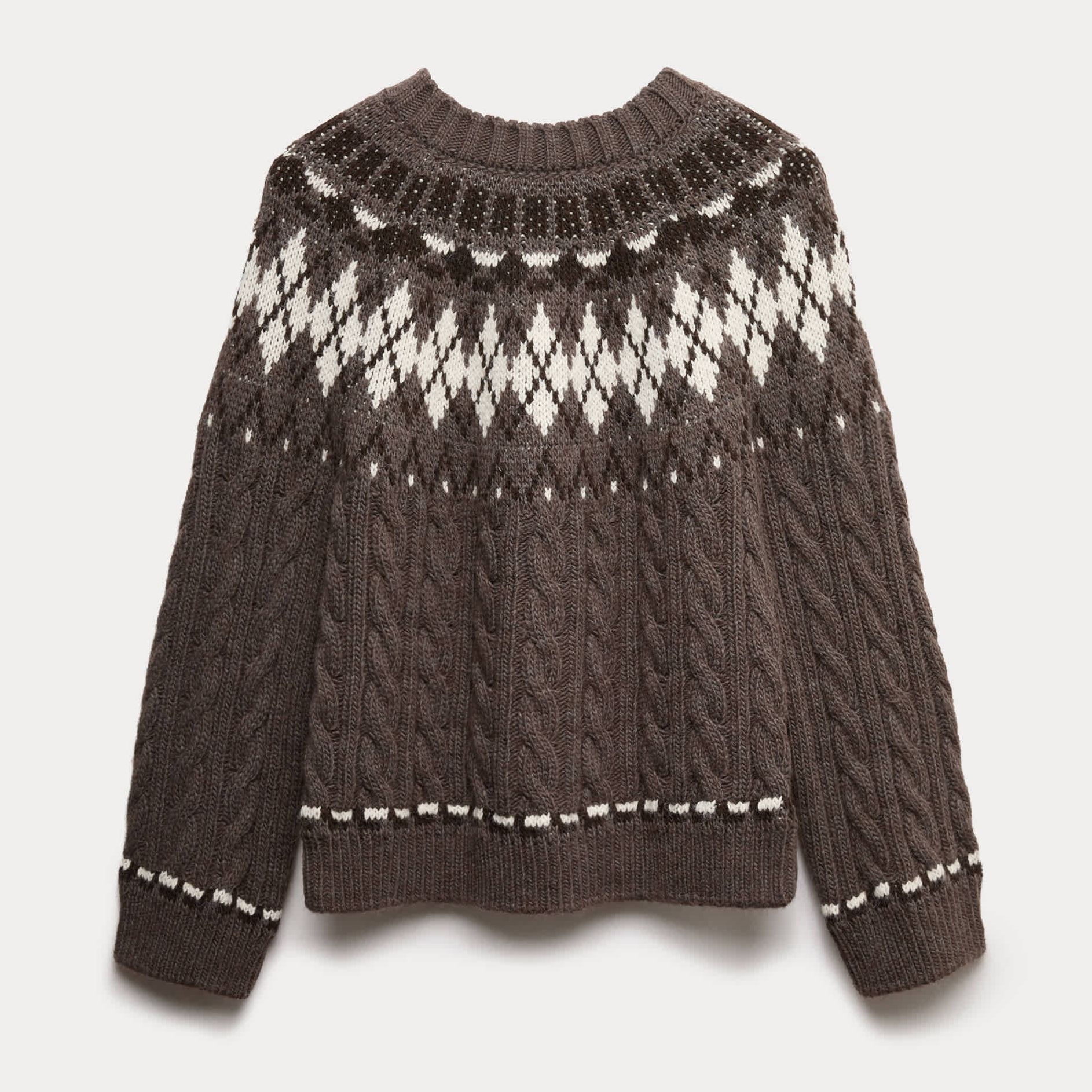 Cable Knit Fair Isle Crew Neck Jumper
