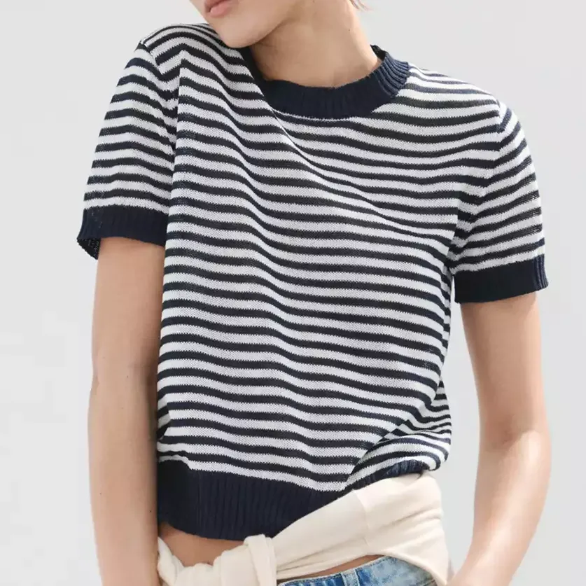 Mango Navy Cropped Striped Sweater