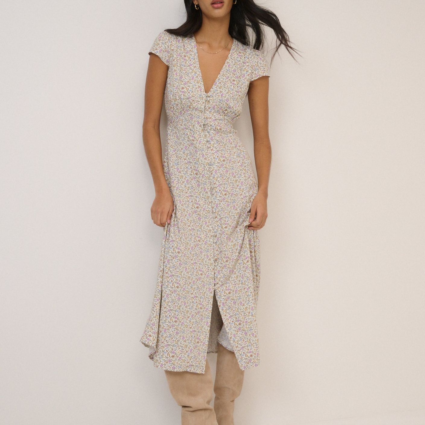 White Ditsy Floral Avery Midi Dress