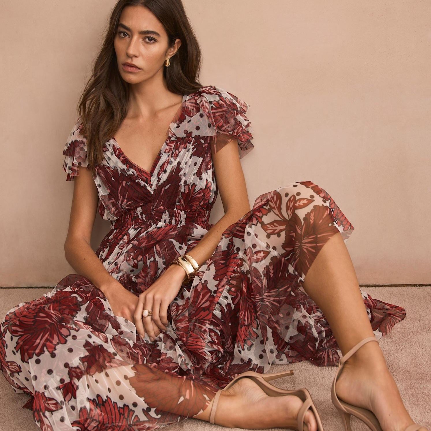 Burgundy Floral Print Tulle Maxi Dress