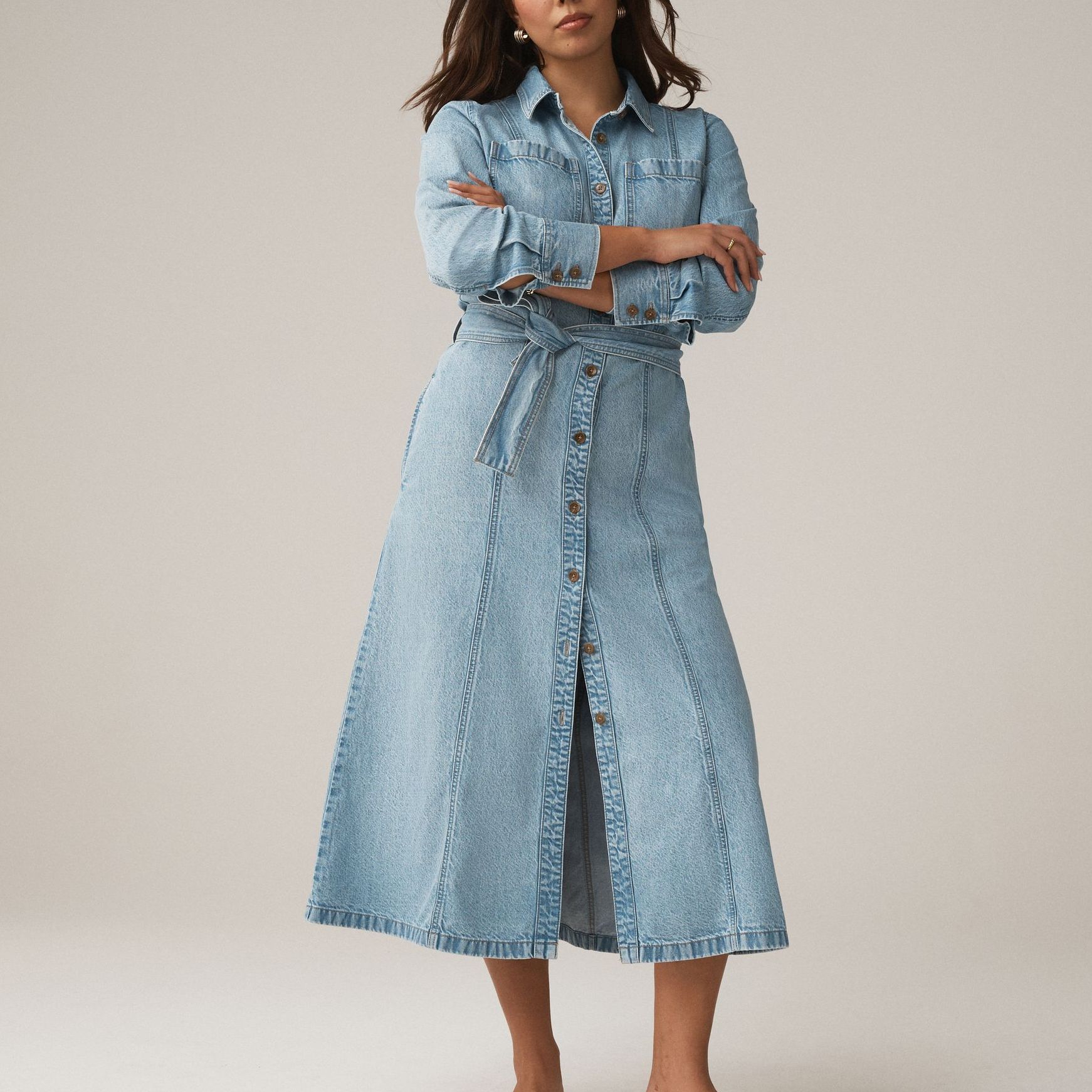 Bleach Blue Fuller Bust Belted Midi Denim Shirt Dress