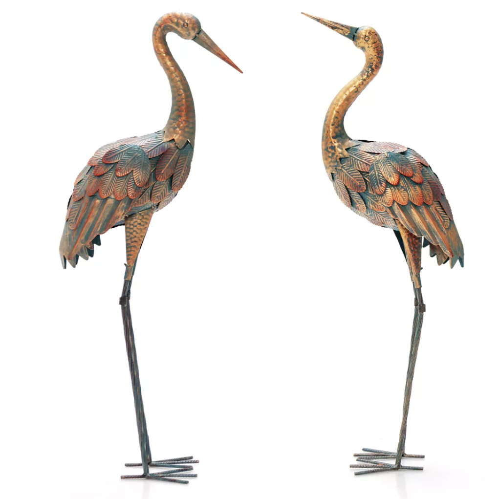 2 Metal Crane Garden Statues