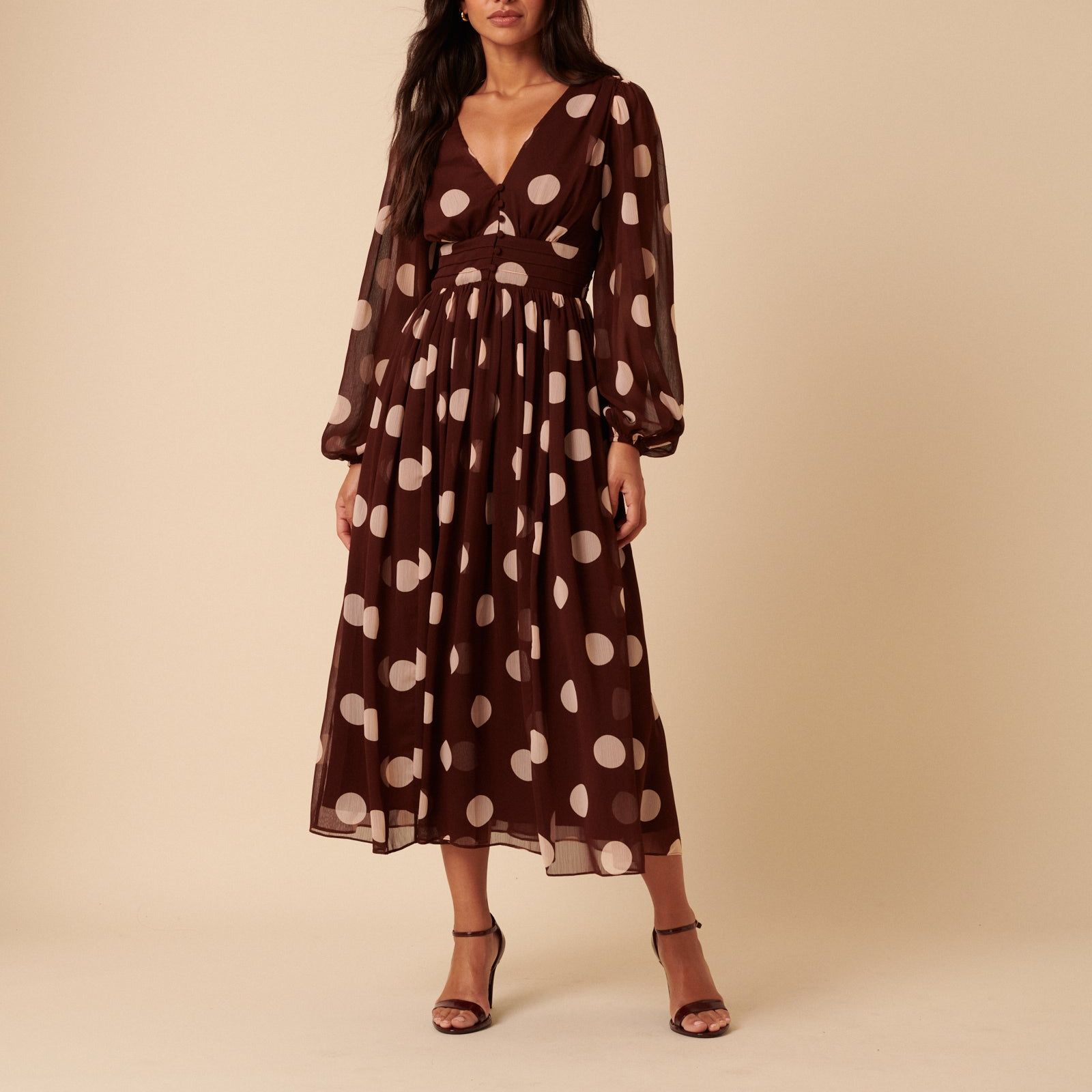 Brown Polka Dot Balloon Sleeve Anya Midi Dress