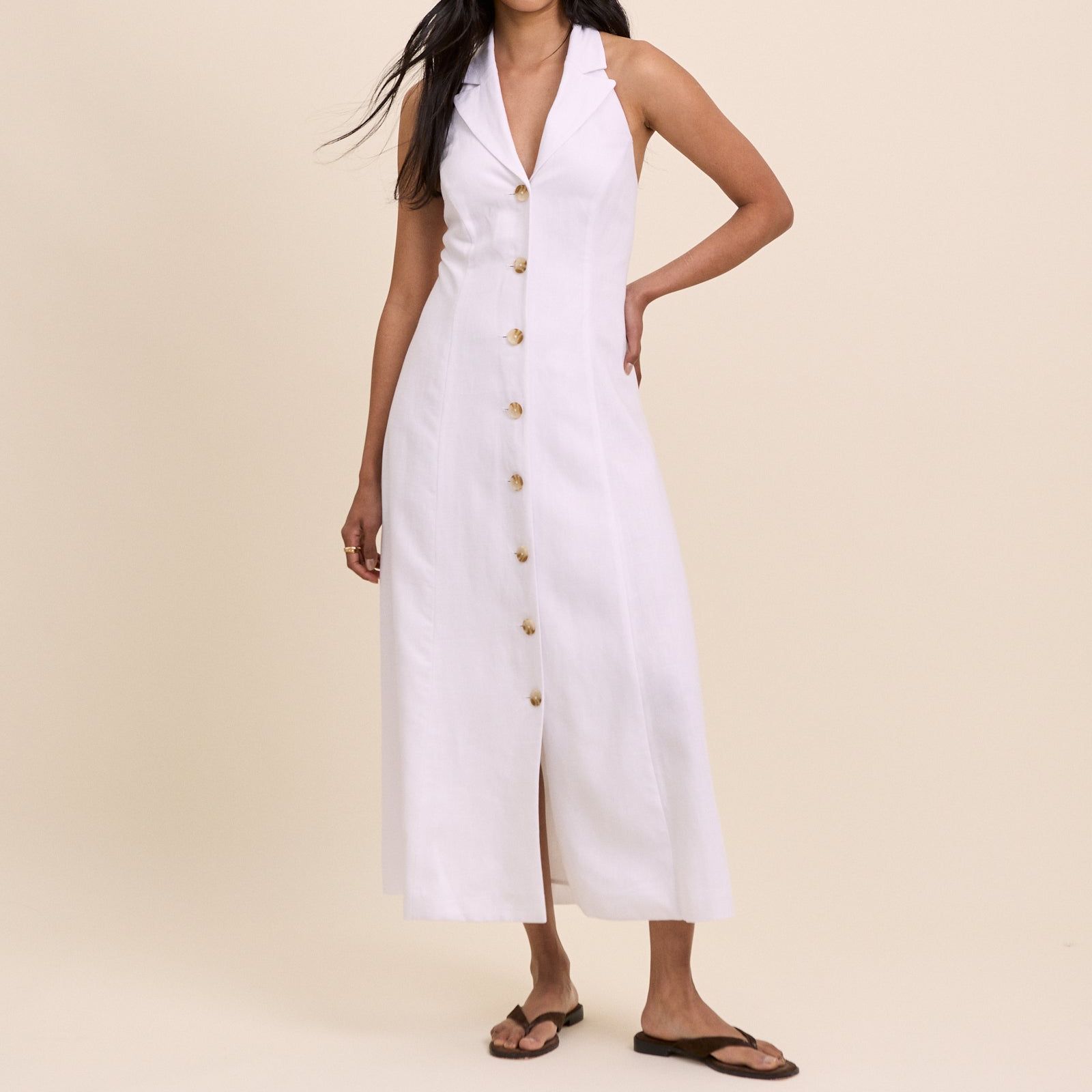 White Linen-Blend Halterneck Midi Dress
