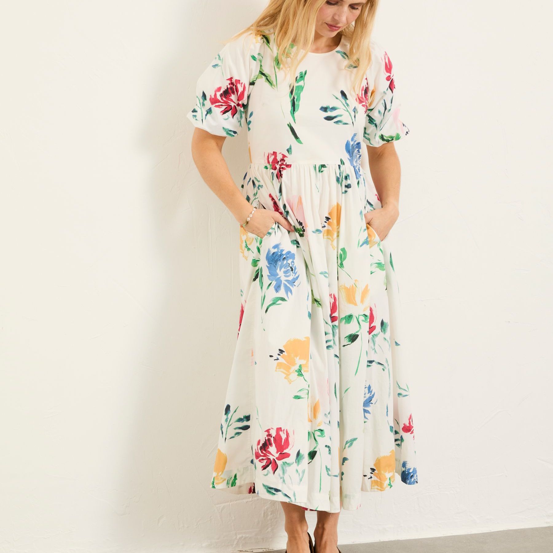 Bria White Painted Floral Regular Midi Dress