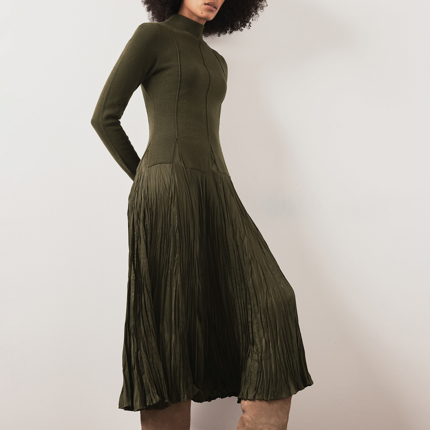 Khaki Layered Drop Waist Knit Crinkle Midi Dress