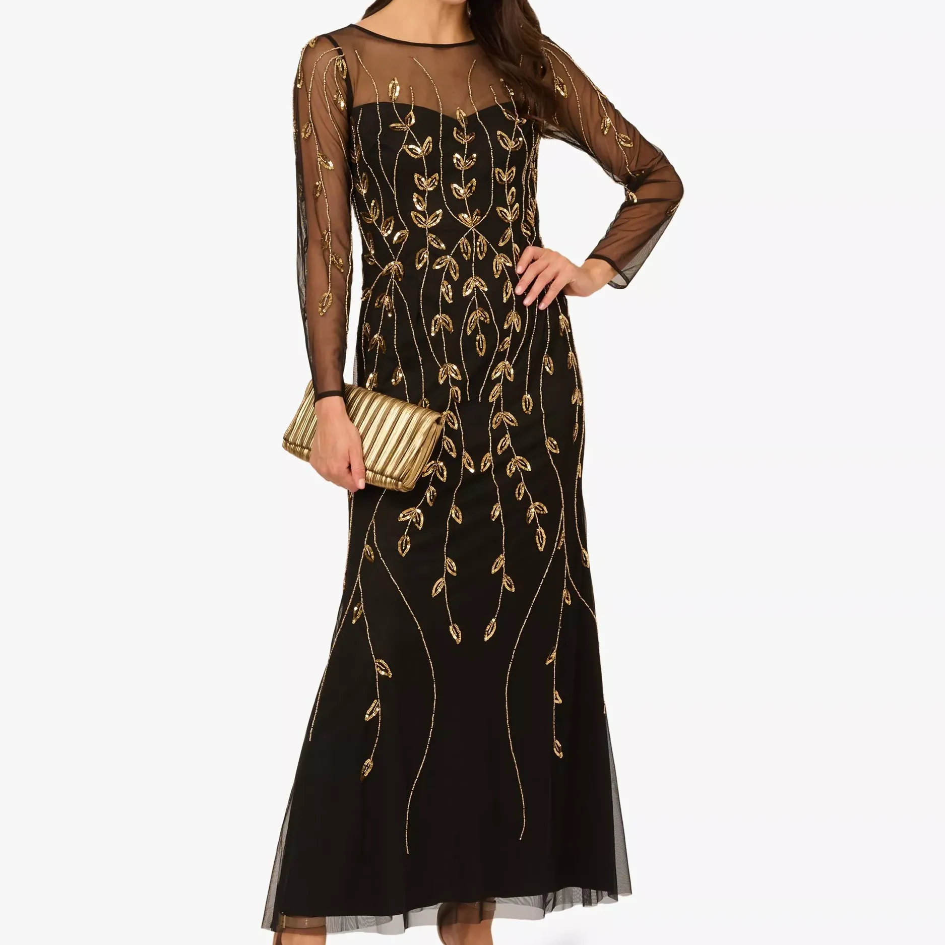Adrianna Papell Studio Long Sleeve Beaded Mermaid Maxi Dress, Black/gold