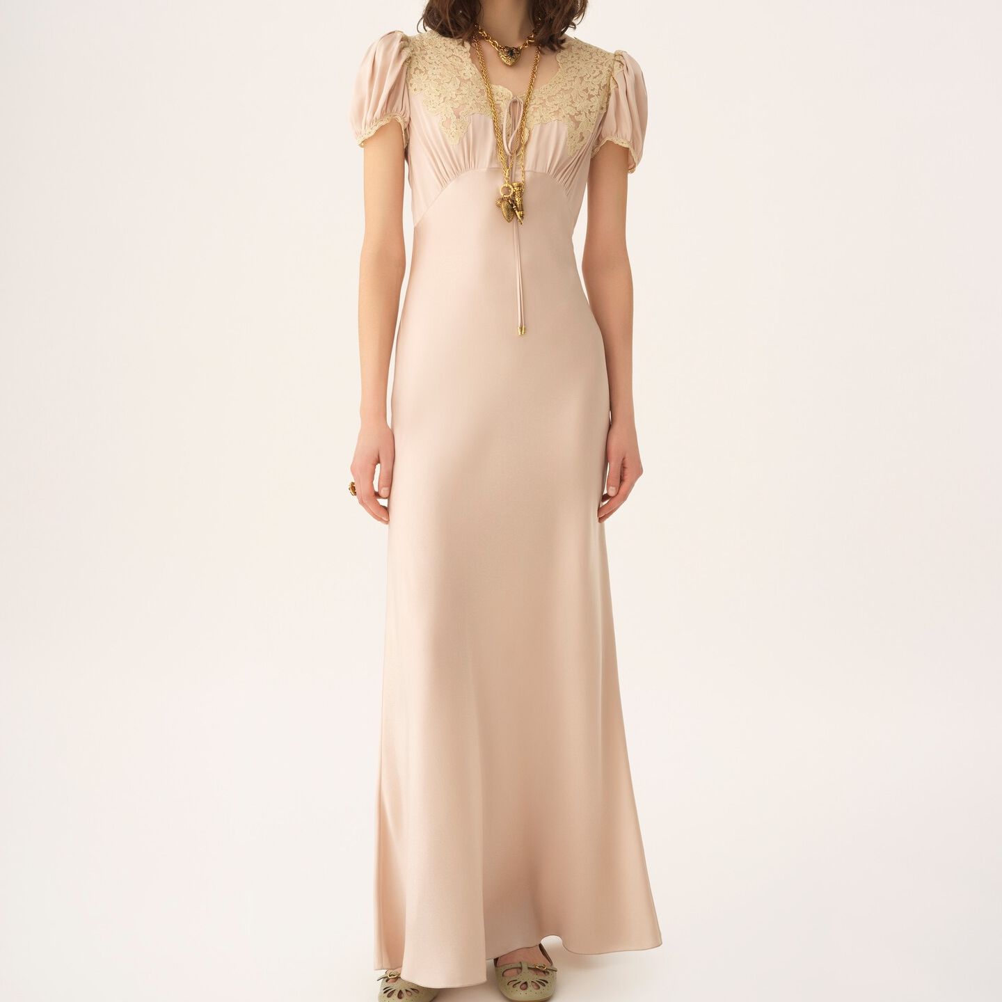 Puff-Sleeve Column Dress in Washed Silk Satin &amp;amp; Lace