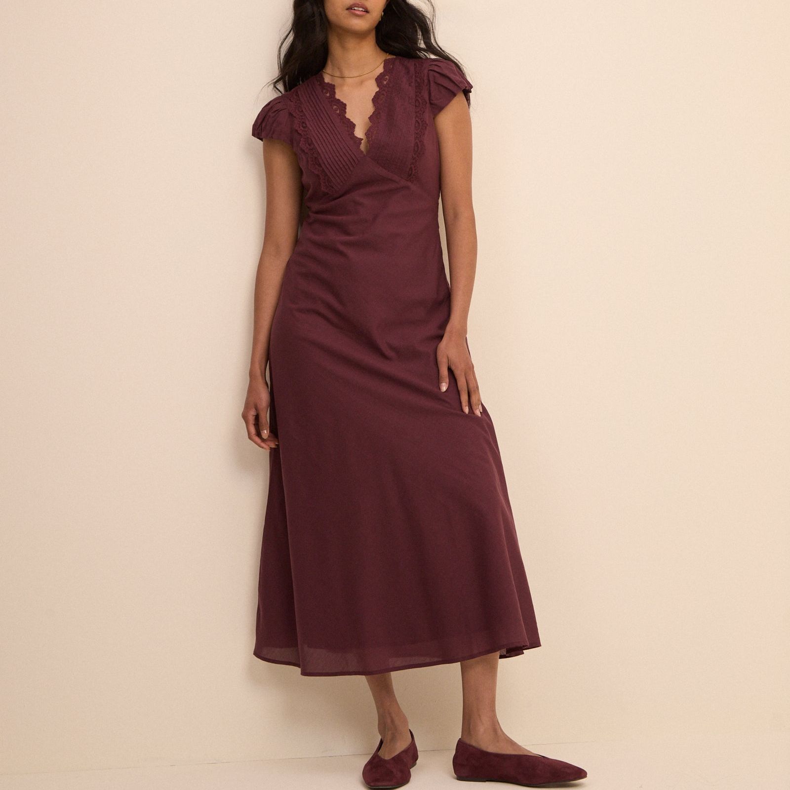 Burgundy Lace Trim Susie Midi Dress