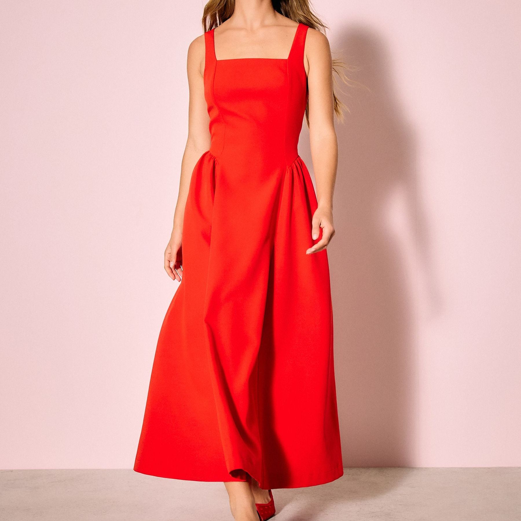 Bright Red Occasion Cinched Waist Maxi Dress