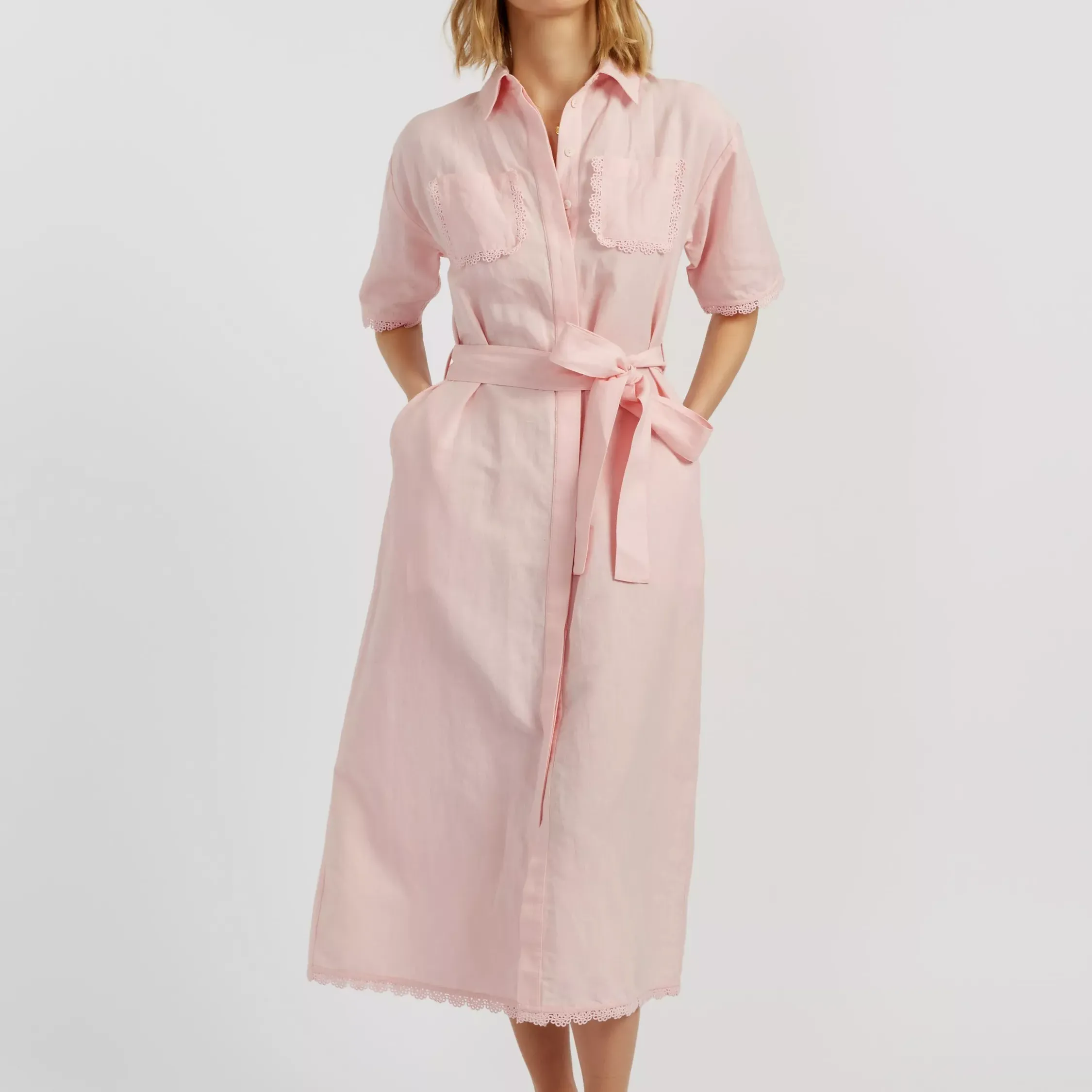 Chinti &amp;amp; Parker Linen Blend Scallop Edge Shirt Dress, Dusty Blue
