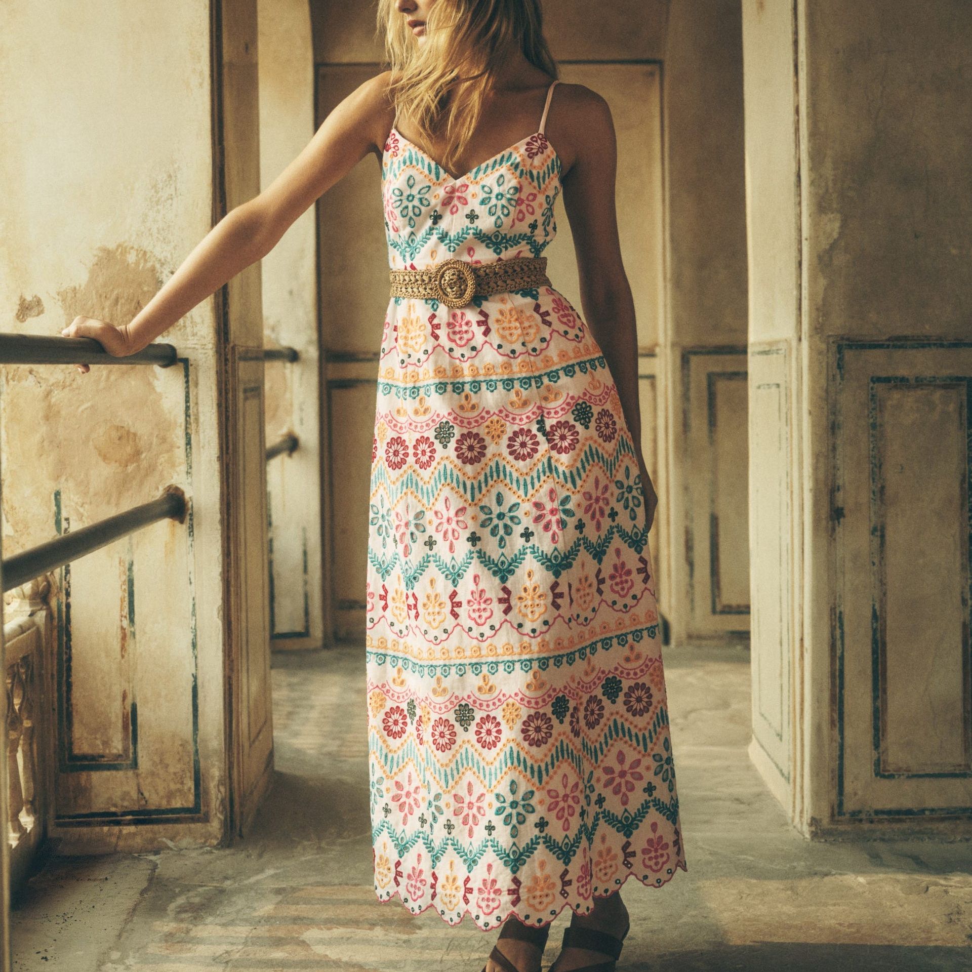 Empire Linen Broderie Dress-Multi Broderie