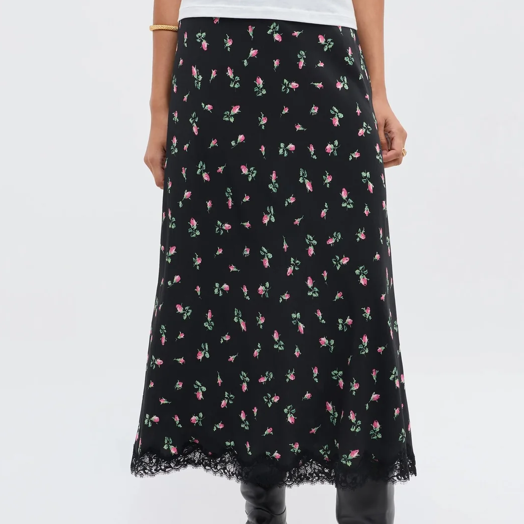 RIXO floral silk midi skirt