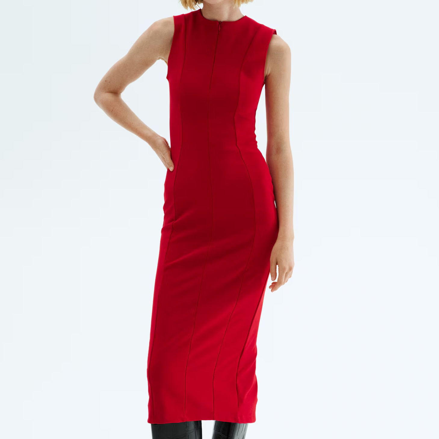 H&amp;amp;M, red fitted midi dress